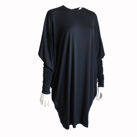 Norma Kamali OMO Dress Black Dolman Scrunchy Batwing Sleeve Vintage 80s Size M - Picture 7 of 15